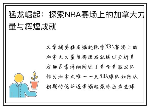猛龙崛起：探索NBA赛场上的加拿大力量与辉煌成就