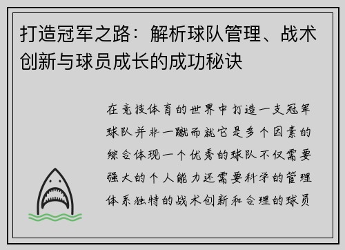 打造冠军之路：解析球队管理、战术创新与球员成长的成功秘诀