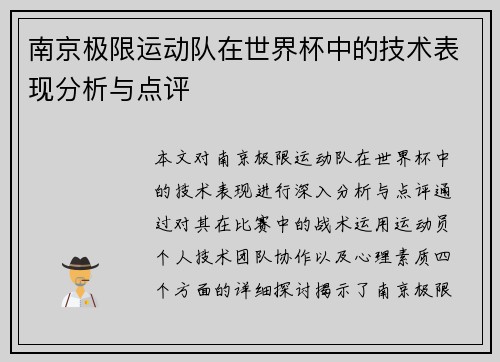 南京极限运动队在世界杯中的技术表现分析与点评